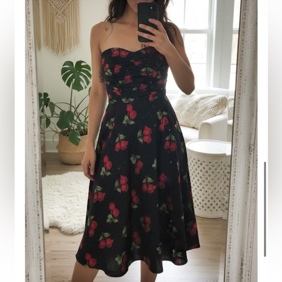Vintage 90s Stop Staring! Rose Ruched Fit & Flare Strapless Midi Dress - Picture 1 of 7